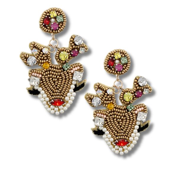Austrian Crystal Rudolph The Reindeer Beaded Christmas Party Earrings - Picture 3 of 3